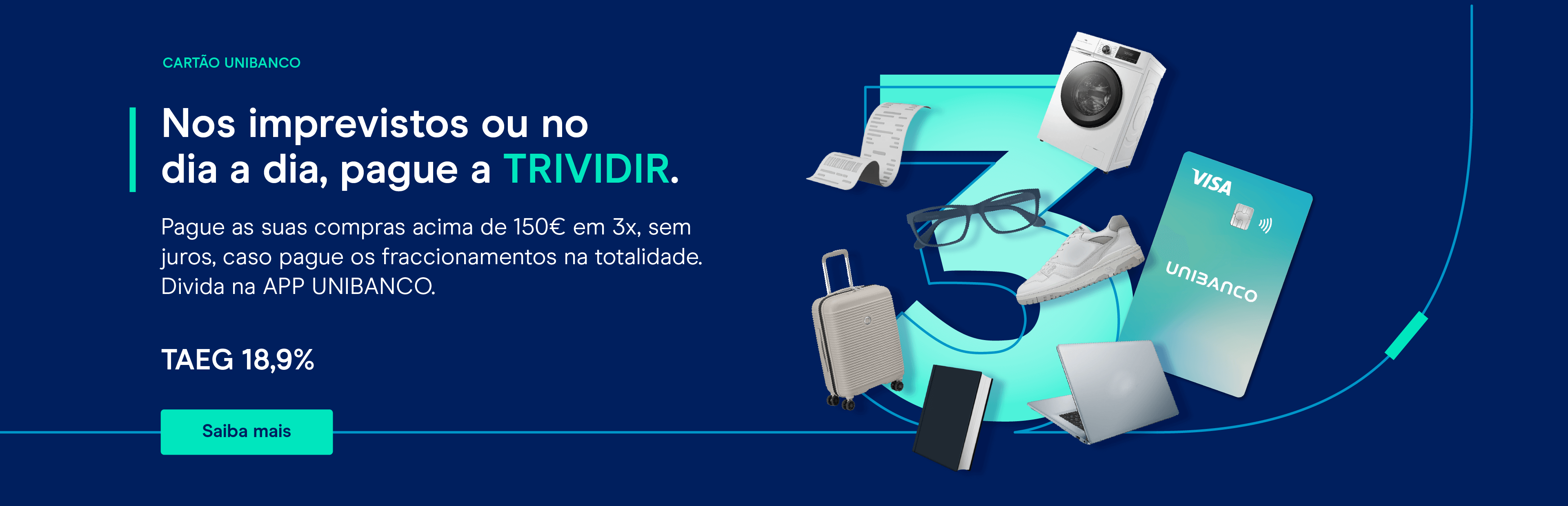 Crédito Pessoal Número três com fundo de praia e sobreposição do cartão unibanco