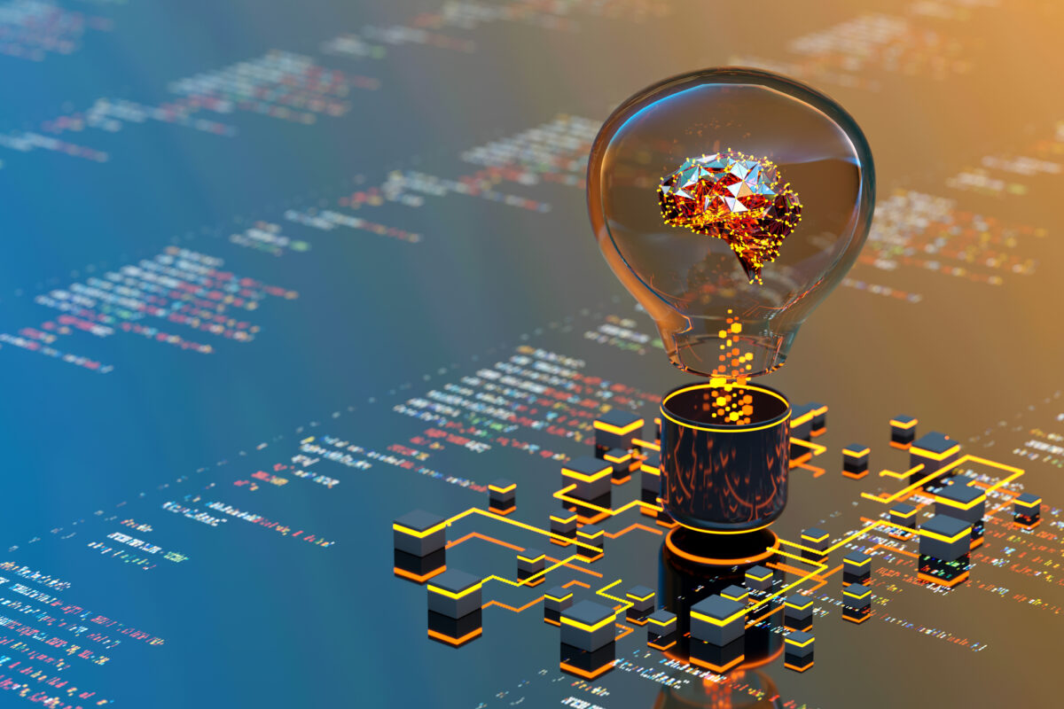 Artificial Intelligence digital concept abstract brains inside light bulb