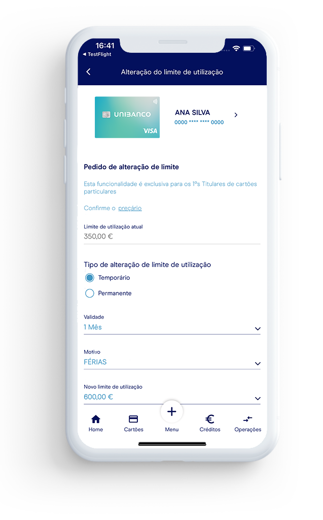 APP UNIBANCO Alteração limite utilização