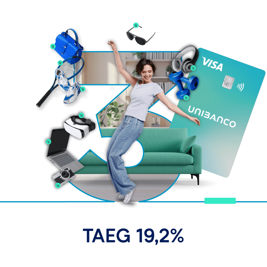 Mulher a dançar diante do número três com um cartão Unibanco, simbolizando o pagamento em três vezes