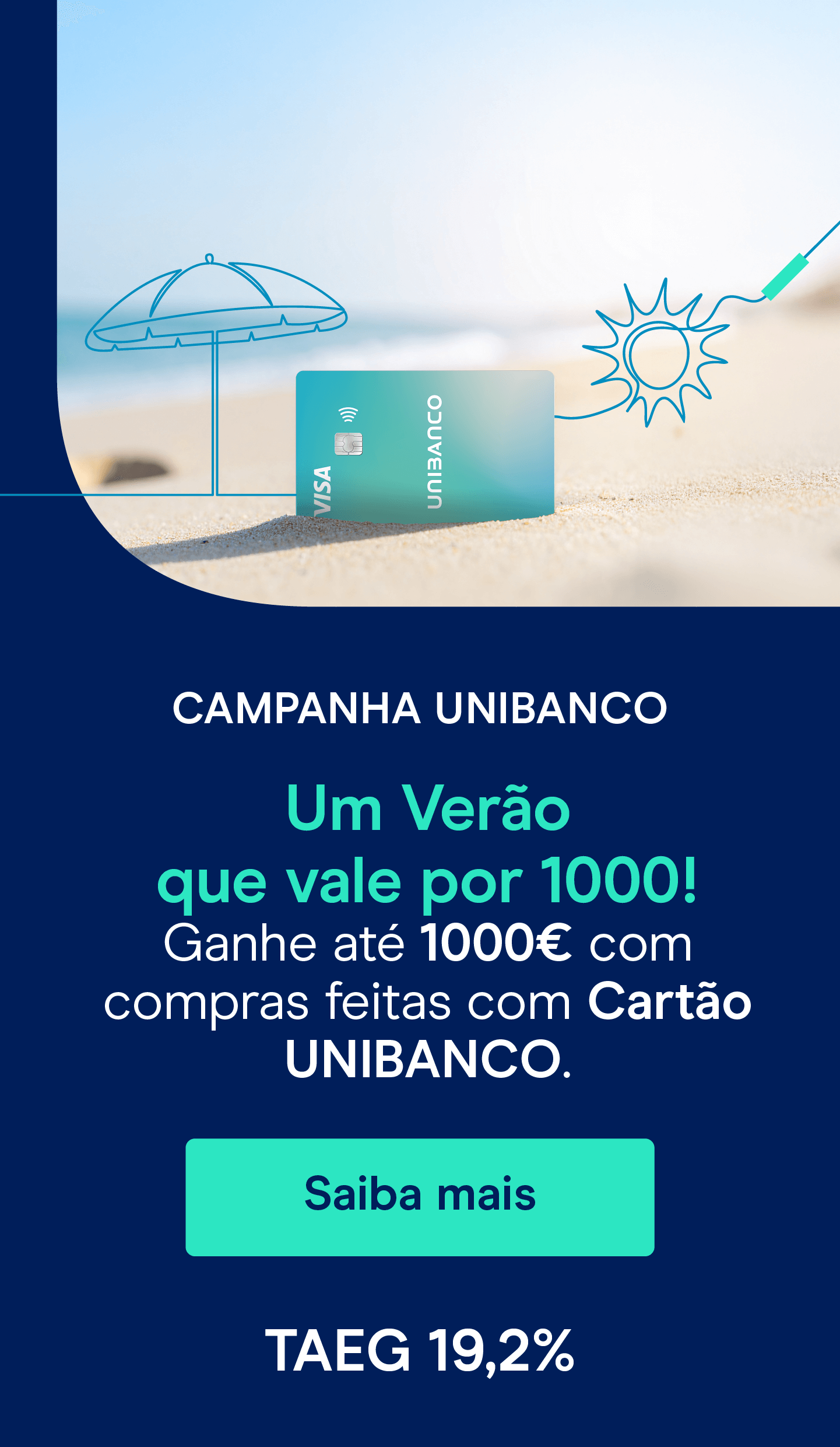 Cartão de crédito Unibanco na praia ilustrando a campanha de verão