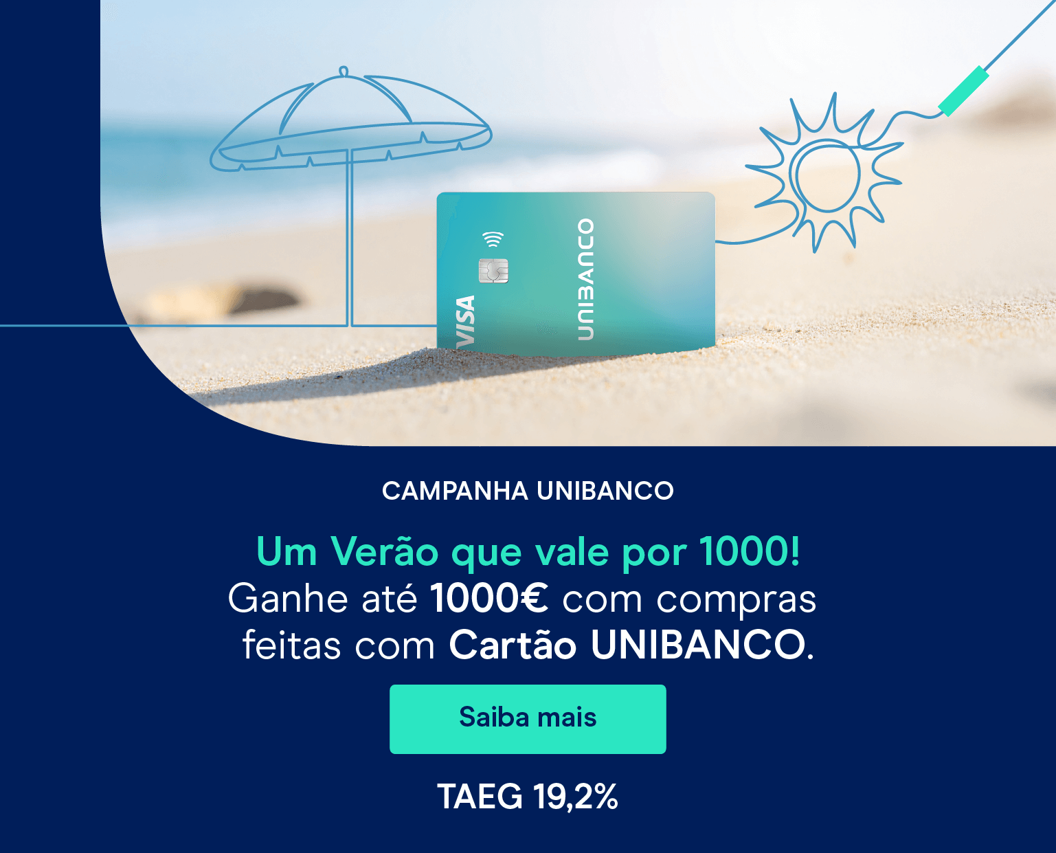 Cartão de crédito Unibanco na praia ilustrando a campanha de verão