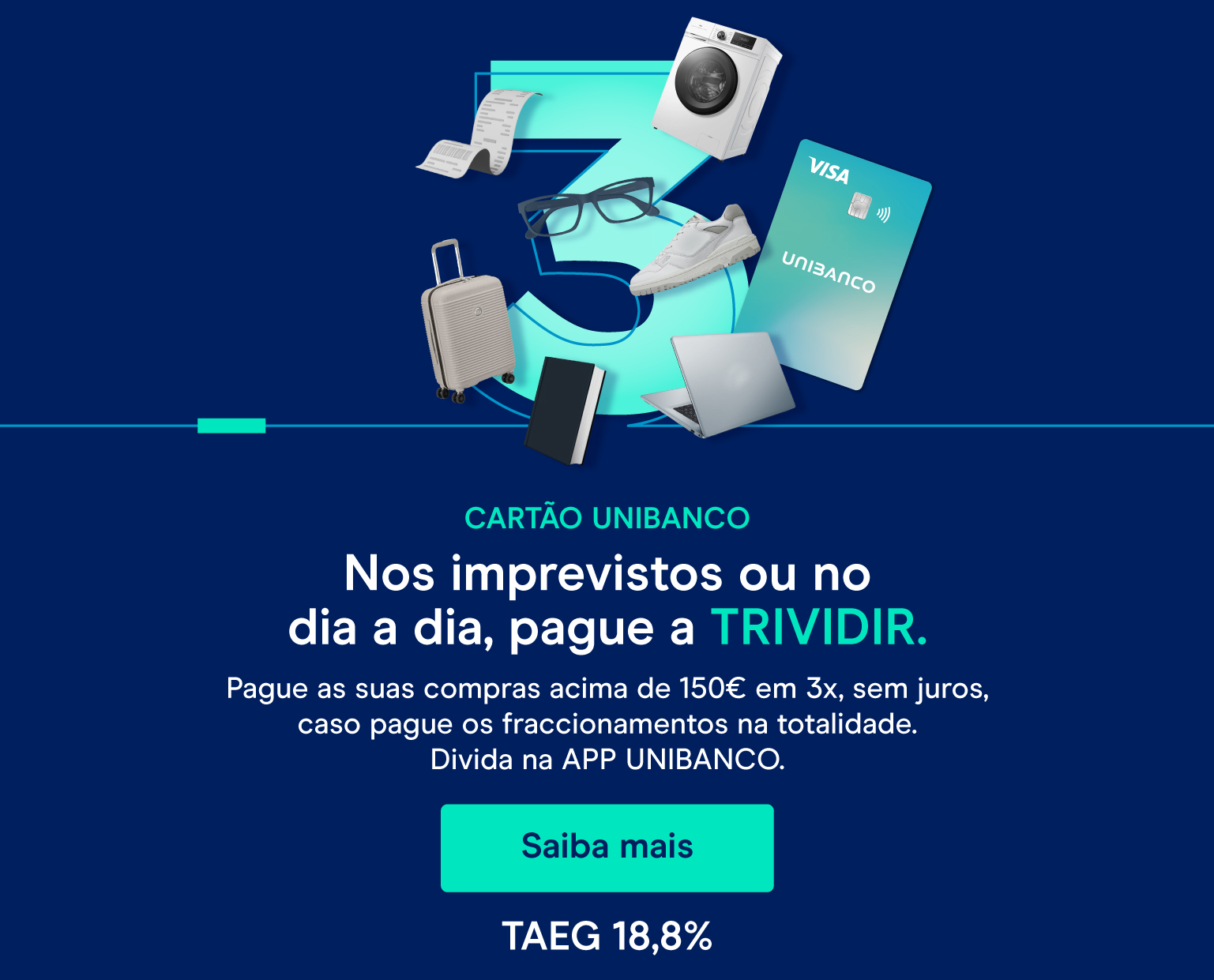 Número três com fundo de praia e sobreposição do cartão unibanco