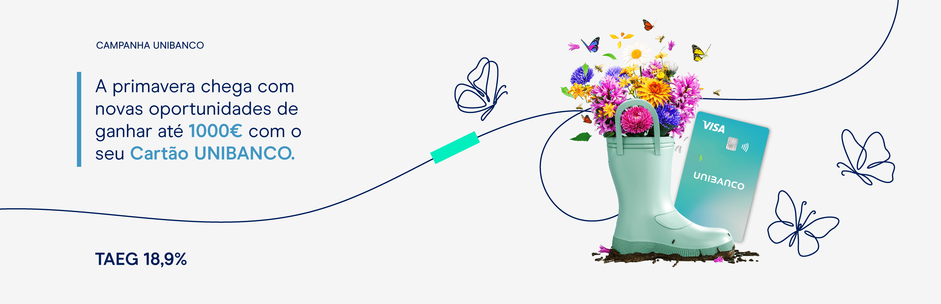 Guarda chuvas a tapar um cartão de crédito unibanco a ilustrar a campanha de Abril